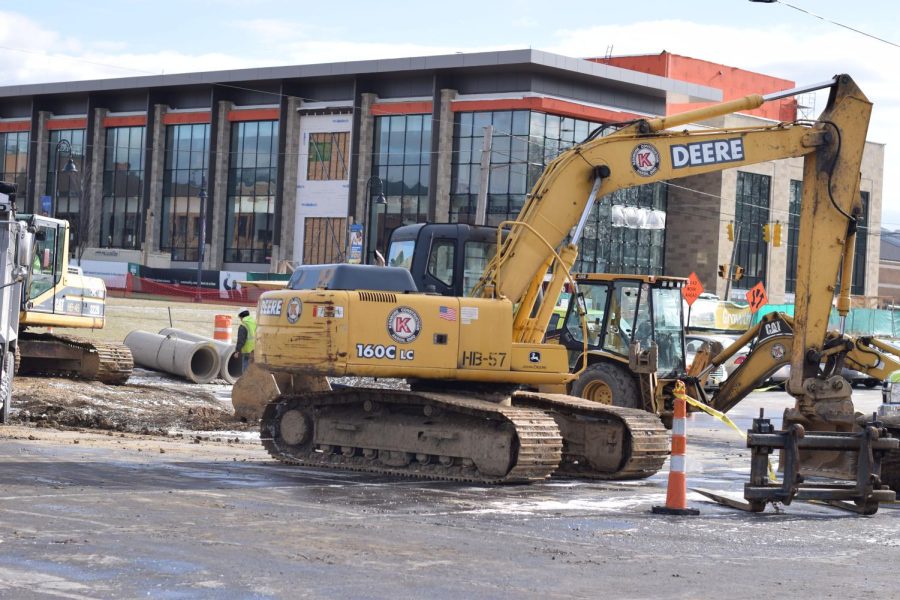 A track hoe sit in the campus center parking lot as part of the current construction project Monday Feb. 13, 2017.