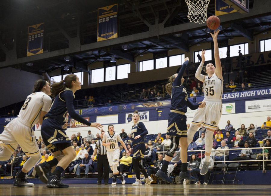 Kent State junior forward Jordan Korinek attempts a layup against The University of Akron at he M.A.C. Center on Saturday, Feb. 25, 2017. Kent State won, 73-69.