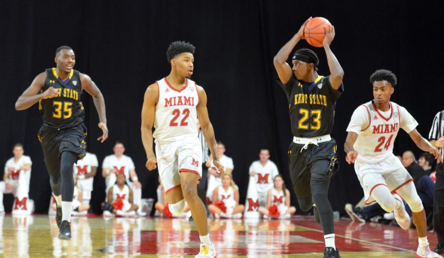 Kent State sophomore guard Jaylin Walker looks to pass against Miami University at the John D. Millet Hall in Oxford, Ohio, on Saturday, Feb. 4, 2017. Kent State won 66-62.