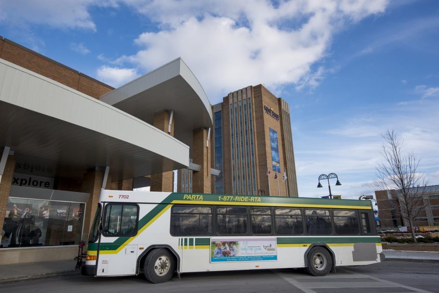 A PARTA bus pulls into the Kent State Student Center stop on Thursday, Feb. 2, 2017. 