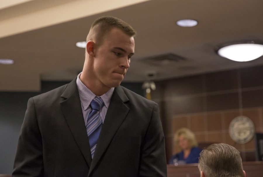 Former Kent State football player Nate Holley leaves the courtroom after his pretrial hearing at the Portage County Municipal Courthouse in Ravenna, Ohio, on Wednesday, Jan. 18, 2016. Holley has been charged with felony kidnapping and felonious assault.