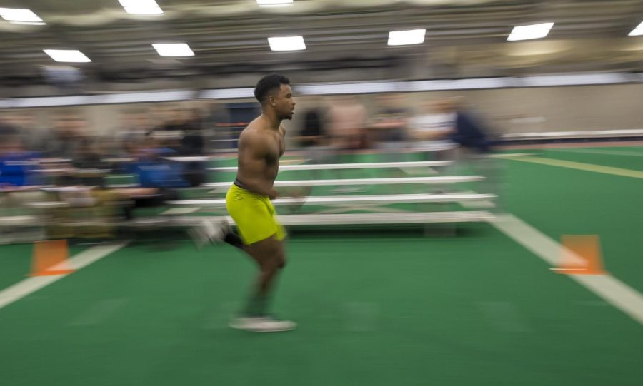 Former Kent State wide receiver Ernest Calhoun participates in the shuttle run during Kent State's NFL Pro-Day at the Kent State Field House on Friday, March 24, 2017.