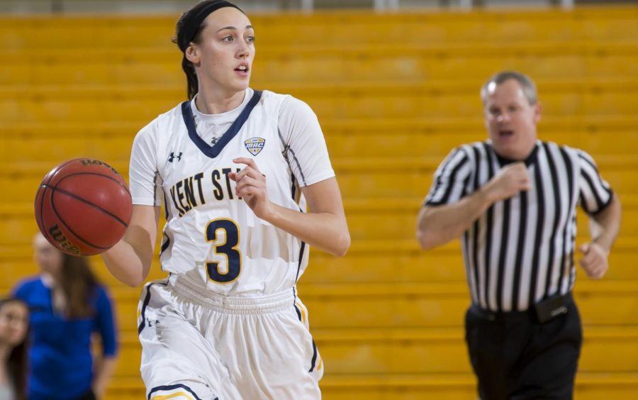 Kent State senior forward Larissa Lurken brings the ball up court against Northern Illinois in the M.A.C. Center on Jan. 11, 2017. Lurken has been named MAC Player of the Year.