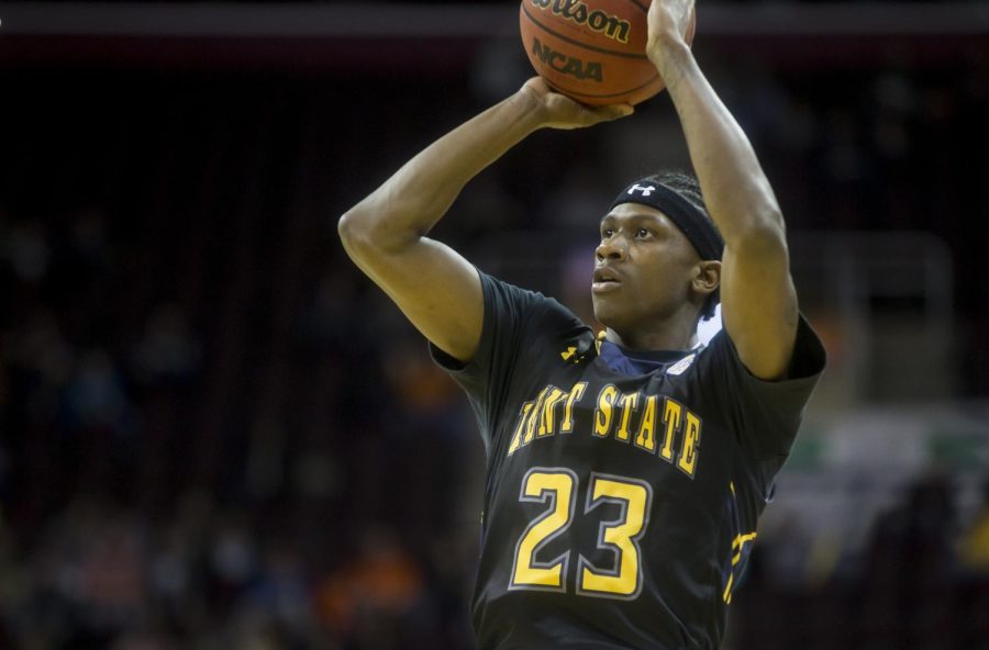 Kent State sophomore guard Jaylin Walker shoots a three pointer against Ohio during the semi-finals of the MAC Tournament at Quicken Loans Arena in Cleveland, Ohio on Friday, March 10, 2017. Kent State won 68-66.