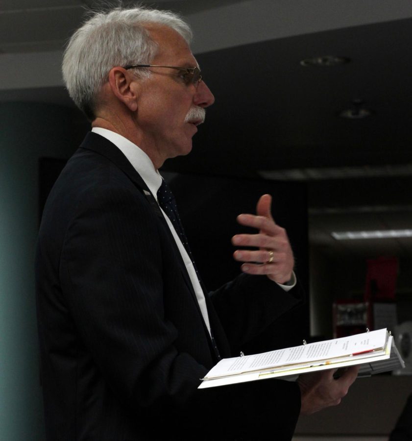 Thomas Euclide, associate vice president of Facilities, Planning and Operations, addresses the Board regarding campus food choices for next school year at Rockwell Hall on Thursday, March 2, 2017.