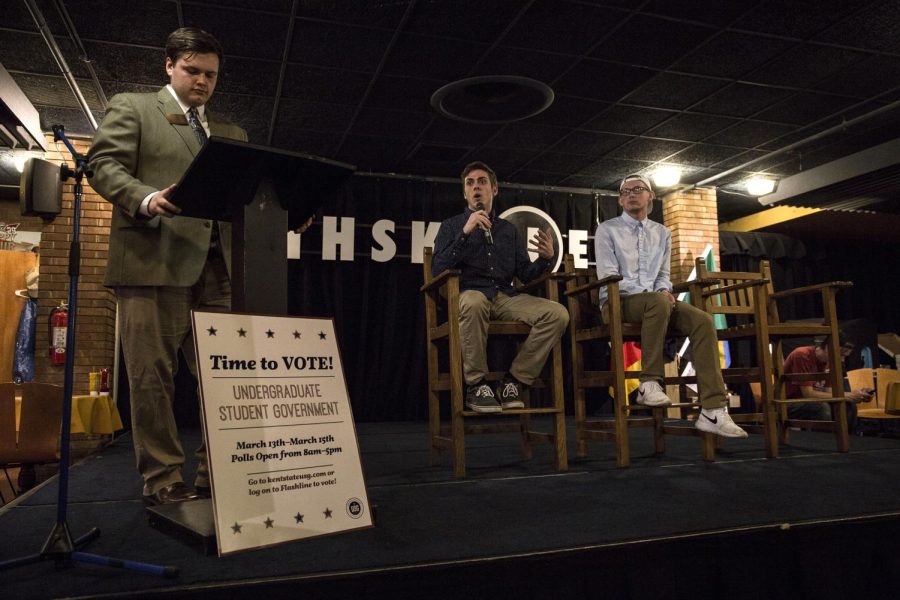 Kent State Nicholas Peters and freshman Matthew Grimmett respond to questions at the Kent State Undergraduate Student Government debate on Tuesday, March 7, 2017 in the Rathskeller. Both are running for the position of Director of Communications.