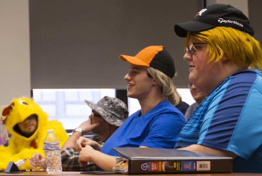 Kent State students in Professor Ron Russo’s Adult Swim class listen to Seth Green in a live Google Hangout chat in Franklin Hall on Tuesday, March 21, 2017. Some students dressed in costumes representative of characters in Green’s work.