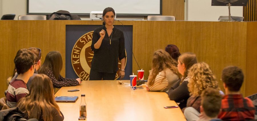 Turning Green co-founder, Erin Schrode speaks in the Kent Governance Chambers on Thursday, March 2, 2017. 