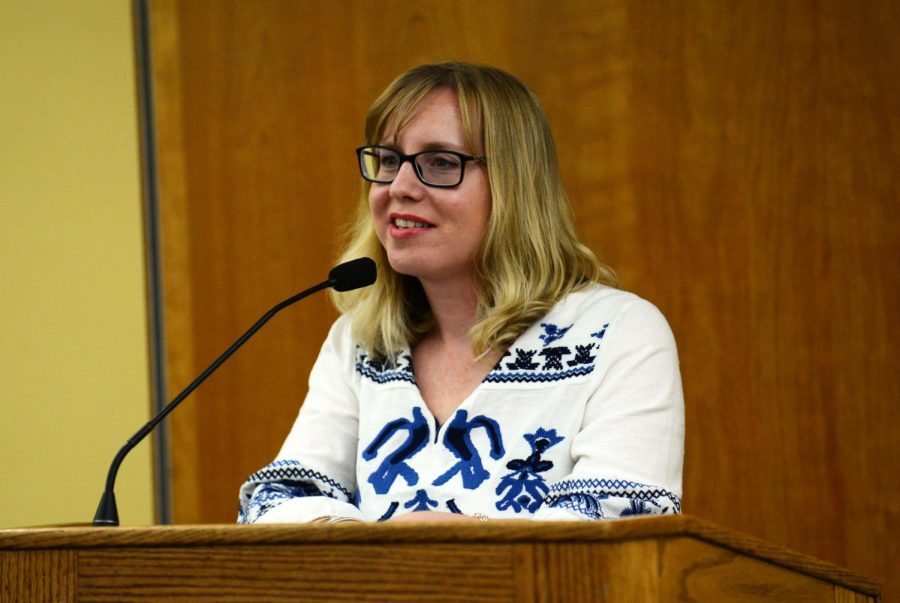 Poet Lesley Jenike reads selected works from her collection as part of the Wick Poetry Center's Reading Series in the Student Center on Thursday, March 9, 2017.