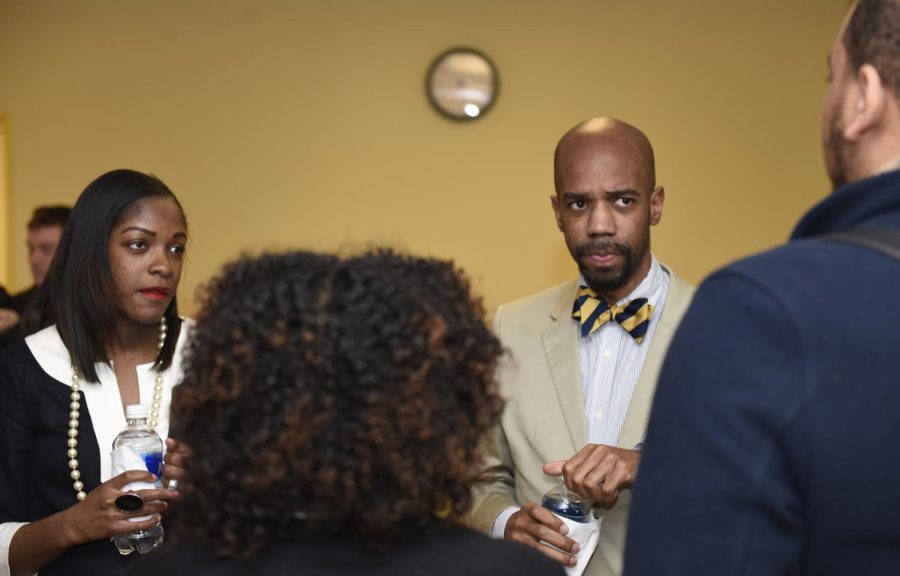 New Dean of Students Lamar Hylton and his wife Rhonda Hylton socialize at his welcoming reception in the Student Center on Thurs., March 16, 2017.