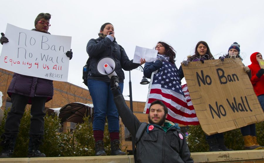 Freshman speech pathology and audiology and Spanish double major Aylin Chagolla speaks through her tears during the No Ban, No Wall rally and march held in Risman Plaza on Friday, March 10, 2017. “It’s very hard who are against me, my family and international students who are just looking for a better life, they don’t seem to understand the struggle,” said Chagolla.