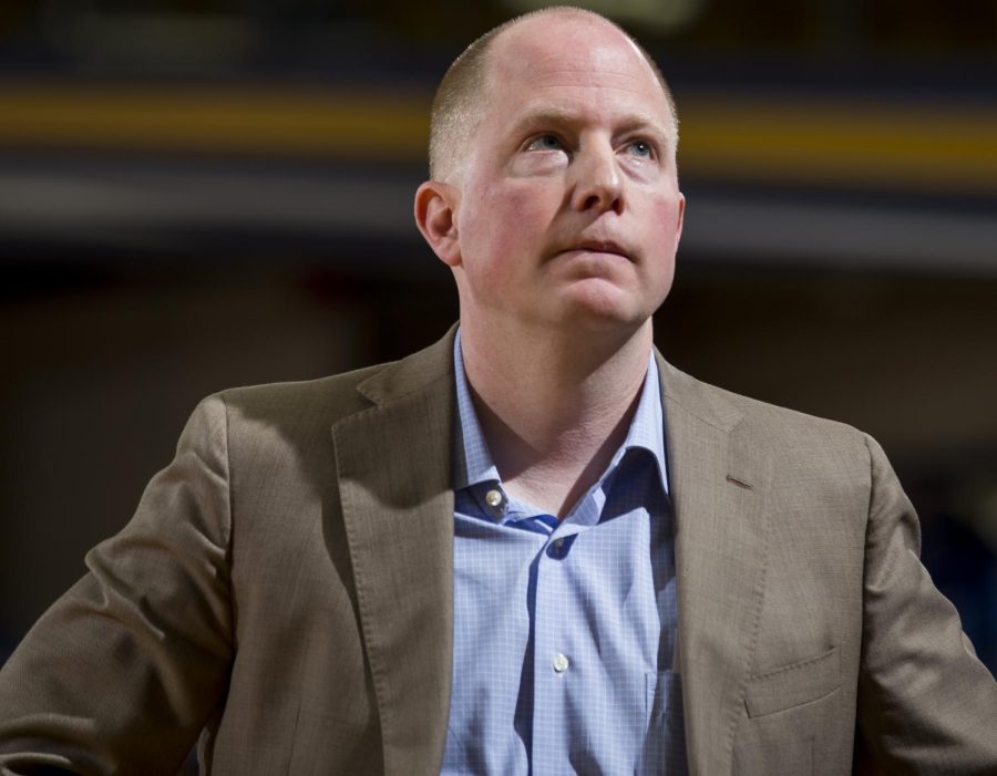 Coach Rob Sendoff looks up at the clock after the final buzzer against Central Michigan at the M.A.C. Center on Saturday, Jan. 28, 2017. Kent State lost 105-98 in overtime.