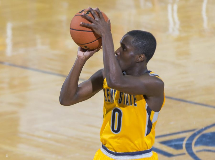 Kent State sophomore guard Jalen Avery shoots a three point field goal during the first round of the MAC Men's Basketball Tournament at the M.A.C. Center on Monday, March 6, 2017. Kent State won 116-106 in overtime.