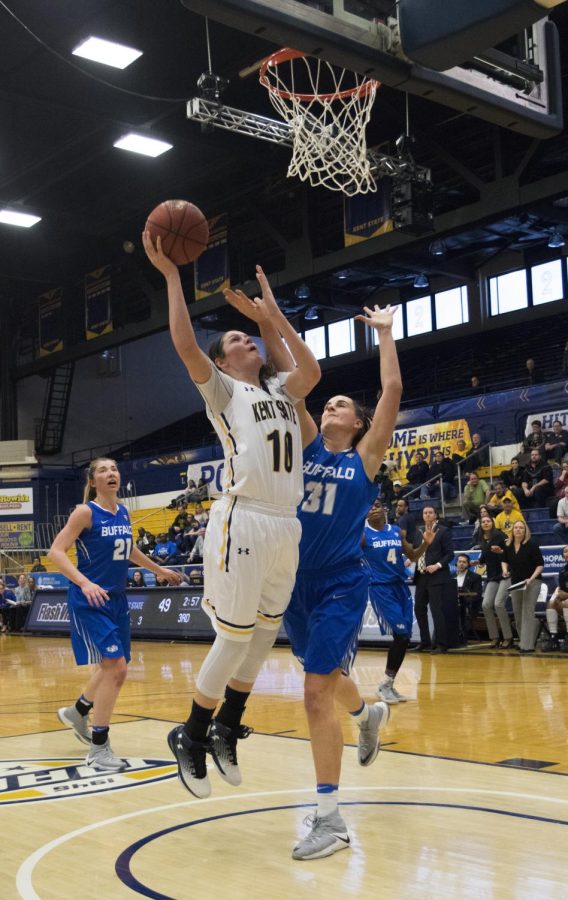 Kent State senior forward McKenna Stephens goes for the layup against the University at Buffalo at the M.A.C. Center on Mar. 4, 2017.