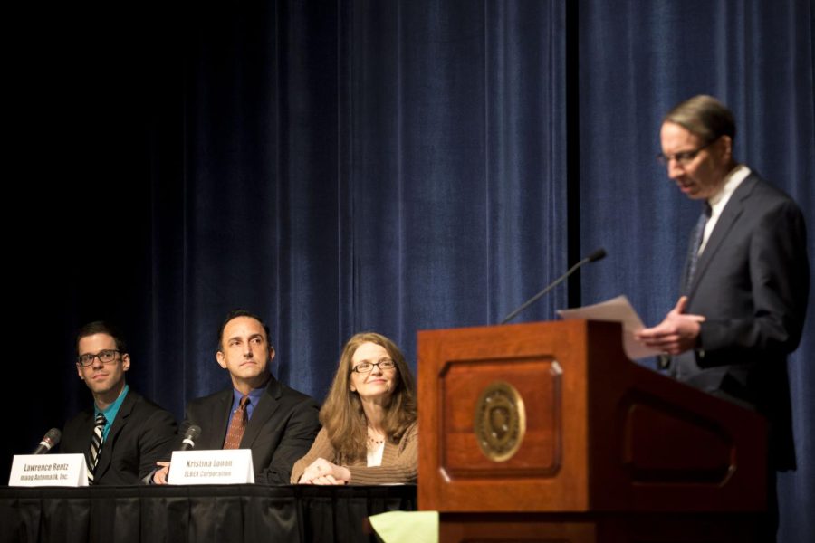 Tom Wilke introduces the 54th annual Bowman Breakfast speakers: Dan Jackson, Lawrence Rentz and Kristina Lonon. The event was held in the Student Center Ballroom on Wednesday, April 5, 2017. This year’s speakers discussed their local Kent businesses creating a global impact.