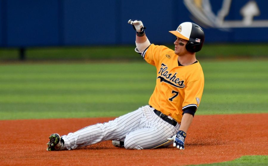 Red shirt junior Reilly Hawkins slides safely to second base against Youngstown State University on Tuesday, April 4, 2017. Kent State lost 11-6.  