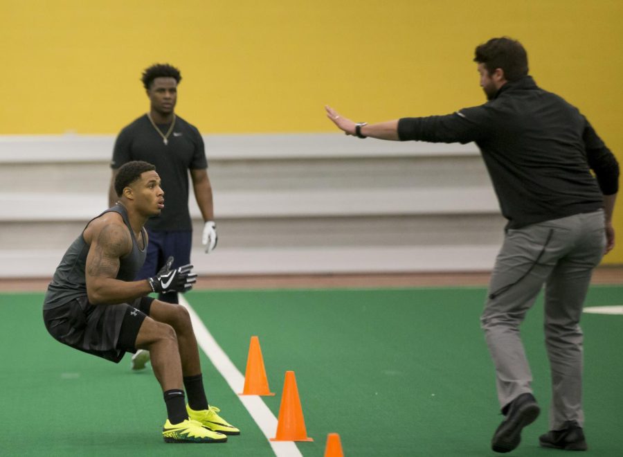 Former Kent State cornerback Najee Murray participates in a drill during Kent State's pro day on Friday, March 24, 2017.