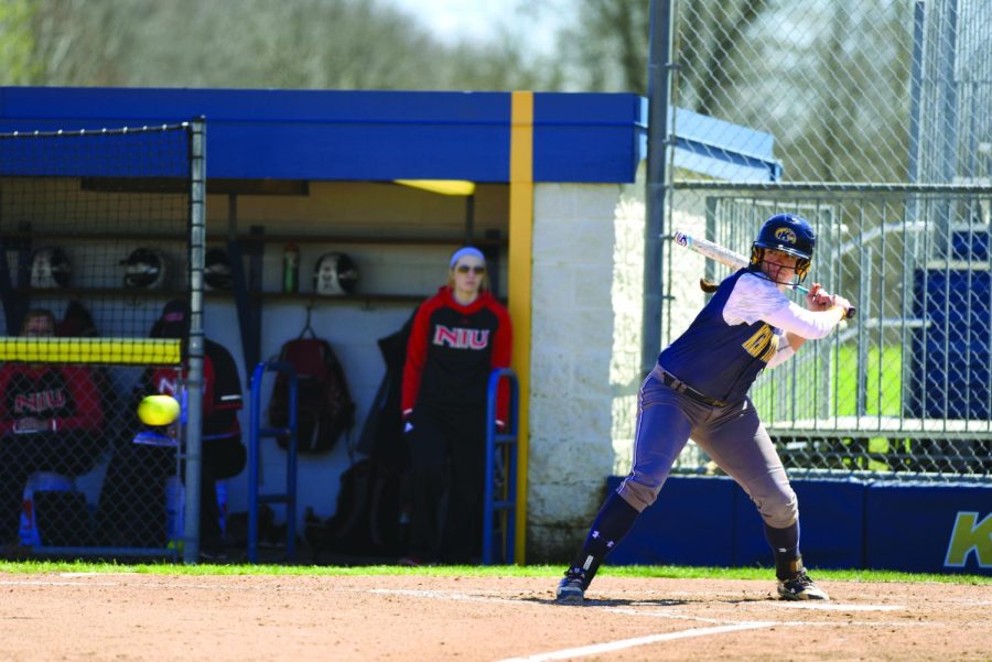 Senior Maddie Grimm bats at the Kent State versus Northern Illinois game April 8, 2017 held at the Diamond at Dix.