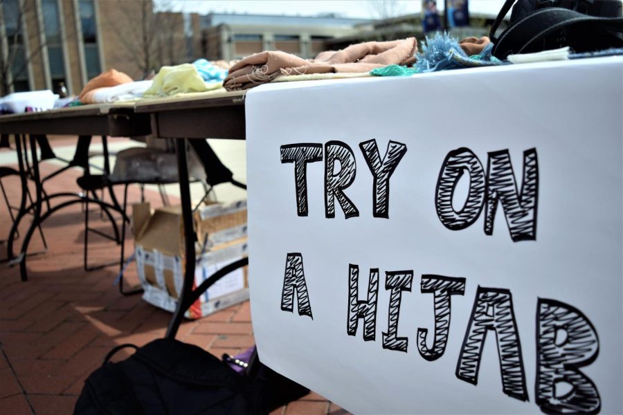 As part of Islam Awareness Week, the Muslim Students' Association hosts an event on Risman Plaza on April 17, 2017, with the opportunity for students to try on a hijab.