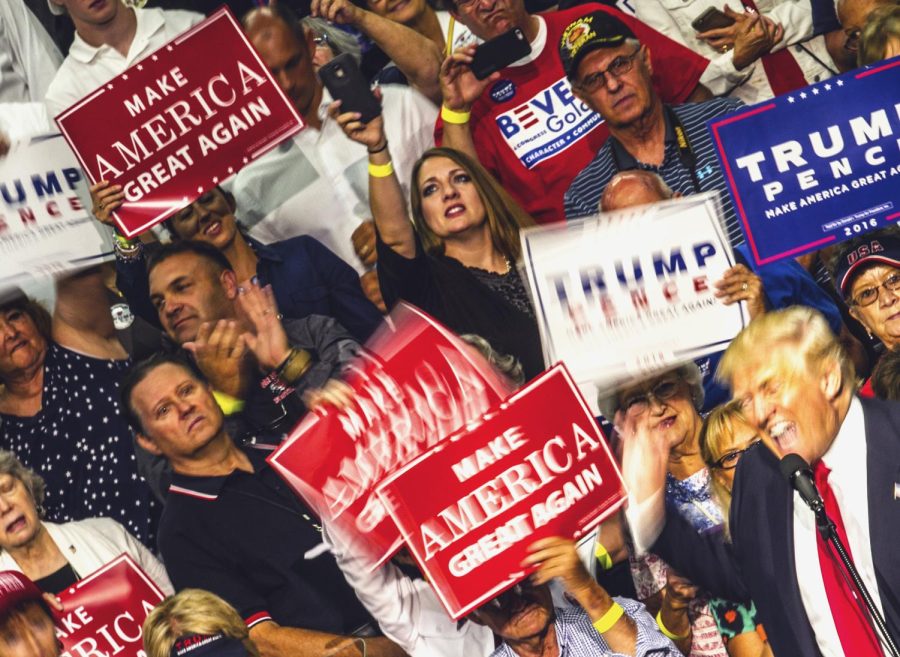 Republican presidential nominee Donald Trump speaks to supporters during his rally at James A. Rhodes Arena in Akron, Ohio on Monday, Aug. 22, 2016.