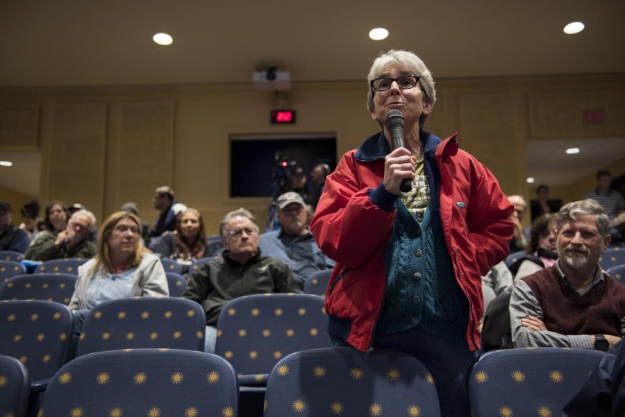 Attorney Nancy Grim asks an open question to the panel about what it was like to live in Tent City during the protests during the forum on Wednesday, May 3, 2017.