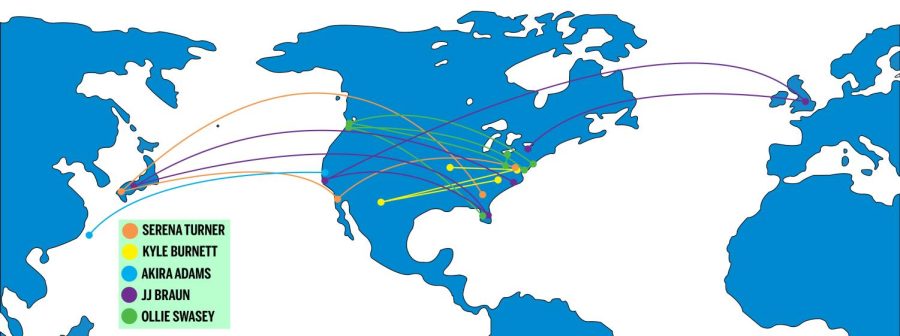 A map demonstrating the multiple moves the dependents had to make over the course of their childhood.