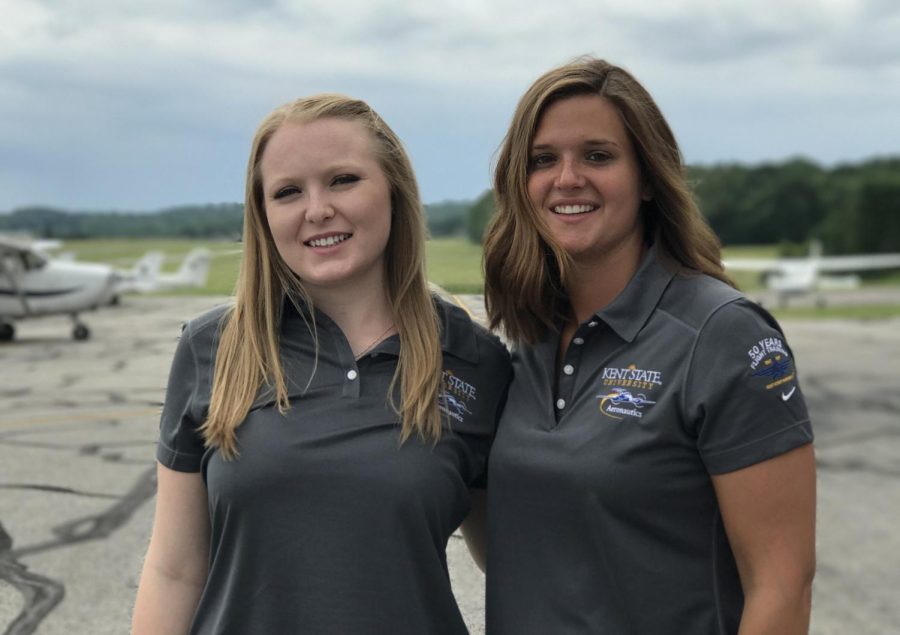 Helen Miller (left) Jalia Manga (right), senior flight technology majors, pose for a portrait on Thursday, June 15, 2017, before traveling to Maryland the next day.