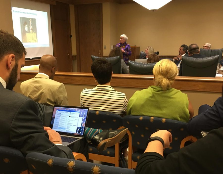 Susan J. Stocker dean at Kent State University at Ashtabula talks to the Board of Trustees on Wednesday, May 31, 2017