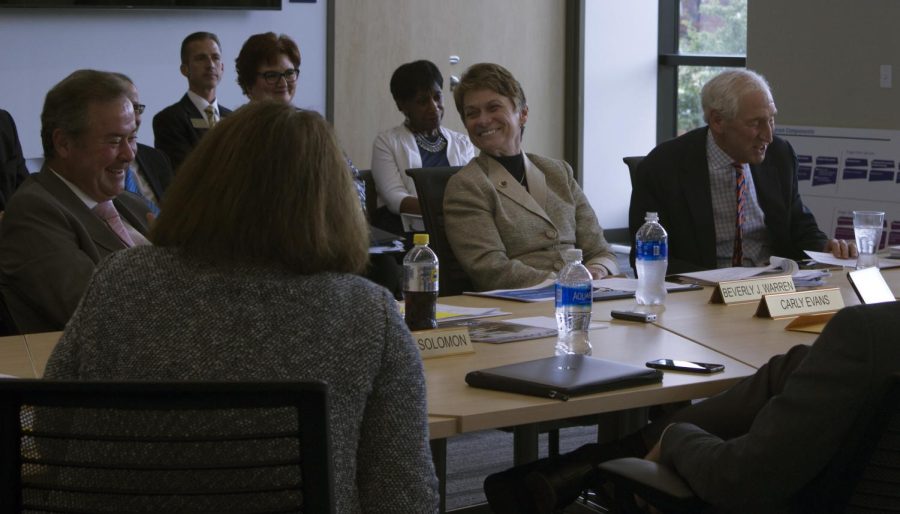 President Beverly Warren laughs during the Board of Trustees meeting in the Integrated Sciences Building Wednesday, Sept. 13, 2017.