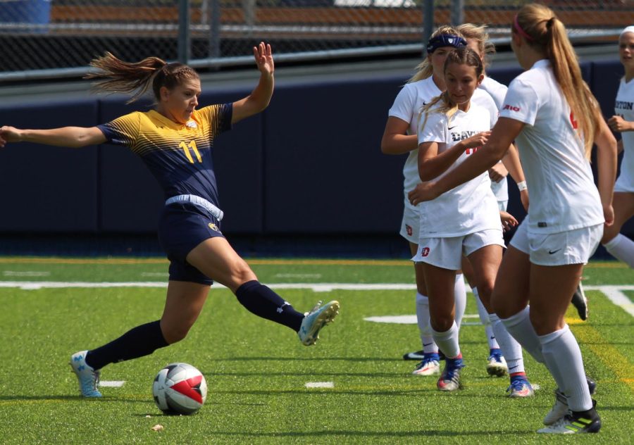 Senior Mackenzie Lesnick attempts to score a goal against Dayton on Sept. 10 at Dix Stadium. 