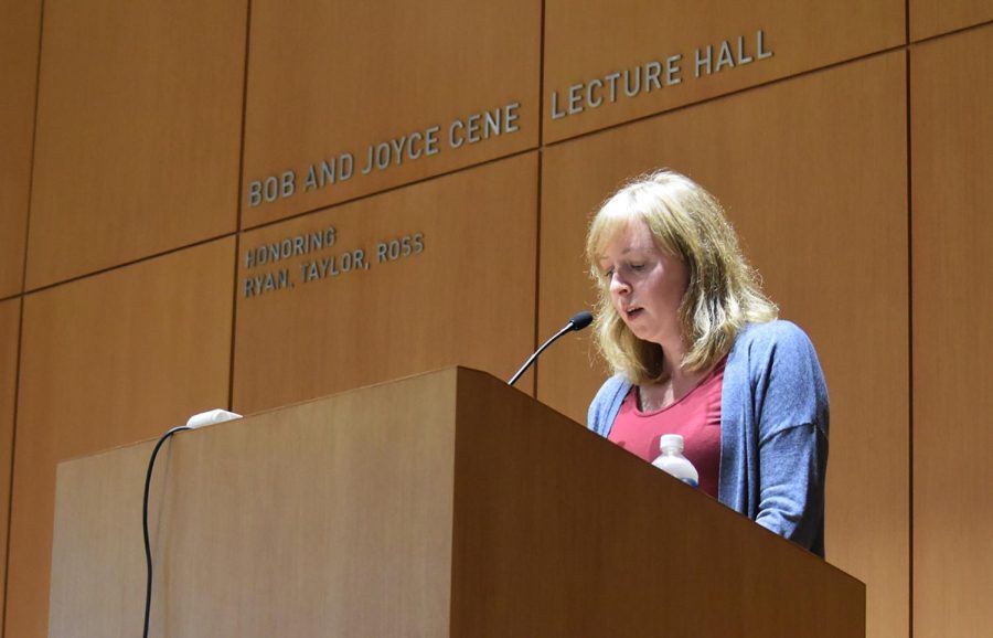 Poet Christine Gosnay speaks at the Wick Poetry Prize reading at the Center for Architecture and Environmental Design Tuesday, Sept. 19, 2017.