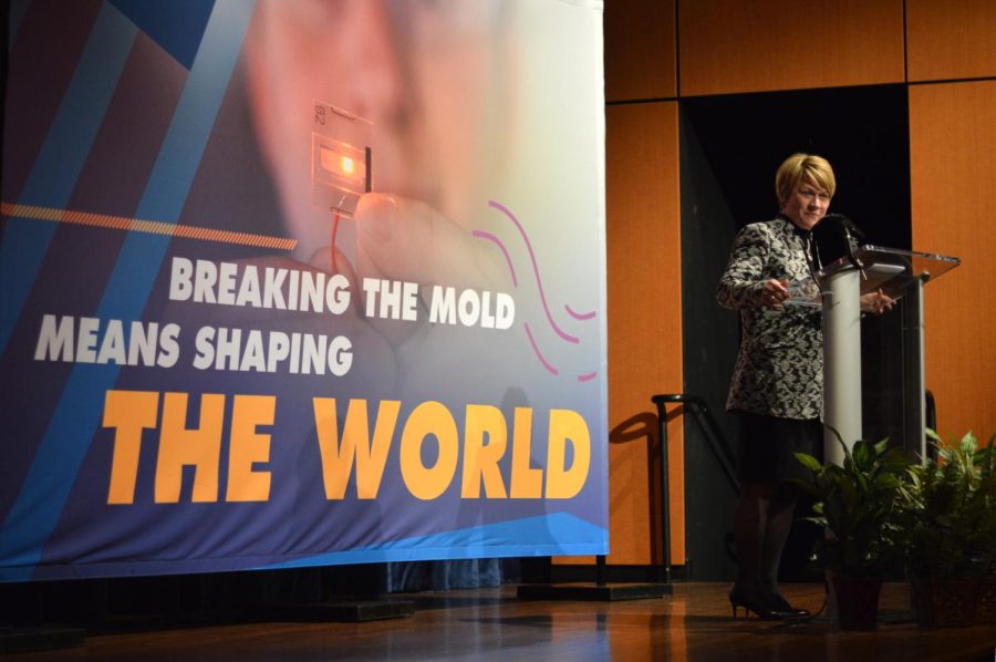 President Beverly Warren speaks to a large crowd at the university rebranding event on Monday, Feb. 1, 2016. Last year, Kent State unveiled “Undeniably Kent State" as the brand name, but this will soon change to "On With Purpose."