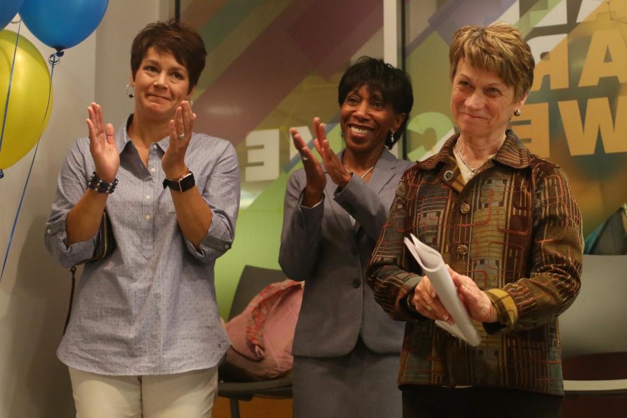 Jennifer Kulics, the associate vice president of student affairs (left), Alfreda Brown, the vice president of diversity, equity and inclusion, and President Beverly Warren react to remarks during the LGBTQ Student Center’s grand opening ceremony Wednesday, Sept. 27, 2017.