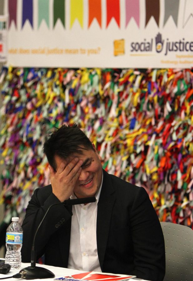 Pulitzer Prize-winning journalist Jose Antonio Vargas laughs during a Q&amp;A session after his keynote speech at the Poynter KSU Media Ethics Workshop at Kent State last year.