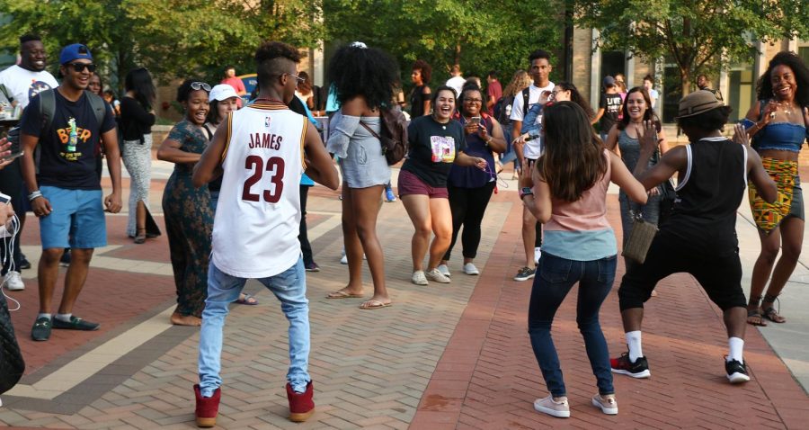 Students gathering on Risman Plaza to celebrate Latino Palooza Wednesday, Sept. 27, 2017.