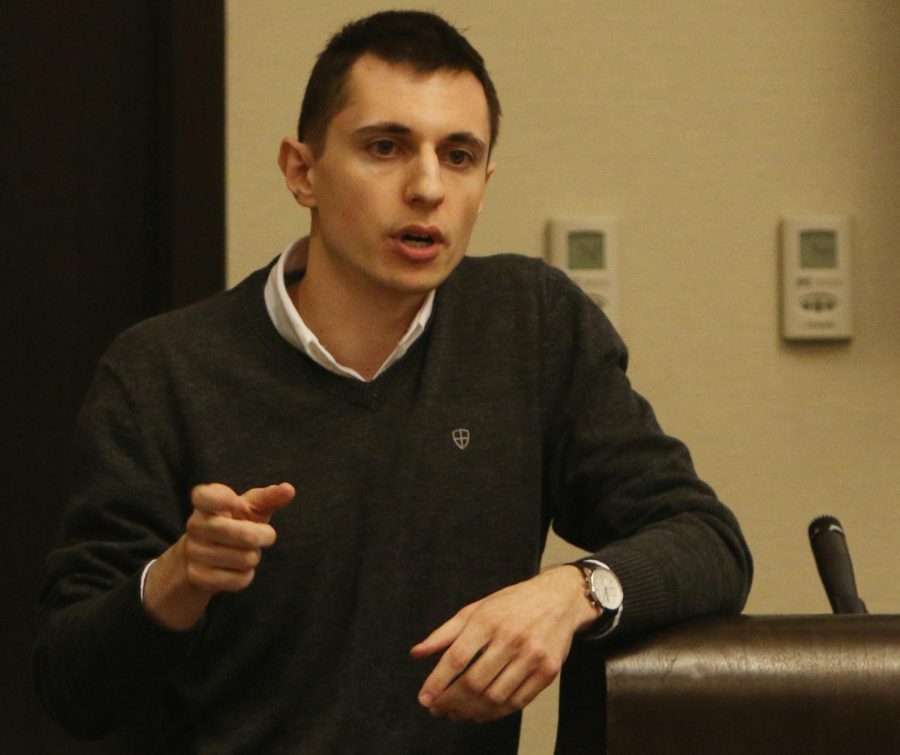 Denis Dažnić, graduate student at University of Vienna, Austria, responds to a question following his speech at the Husserl Conference in downtown Kent on Sunday, Sept. 17, 2017.