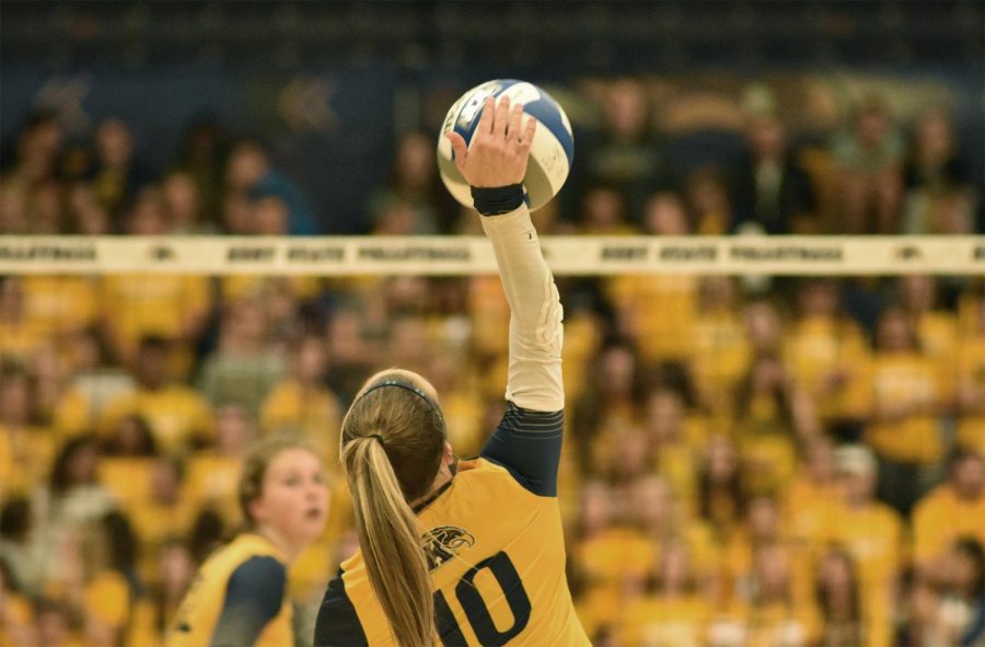 Defensive specialist Claire Tulisiak serves in the second game against Butler University Friday, Sept. 9, 2017.