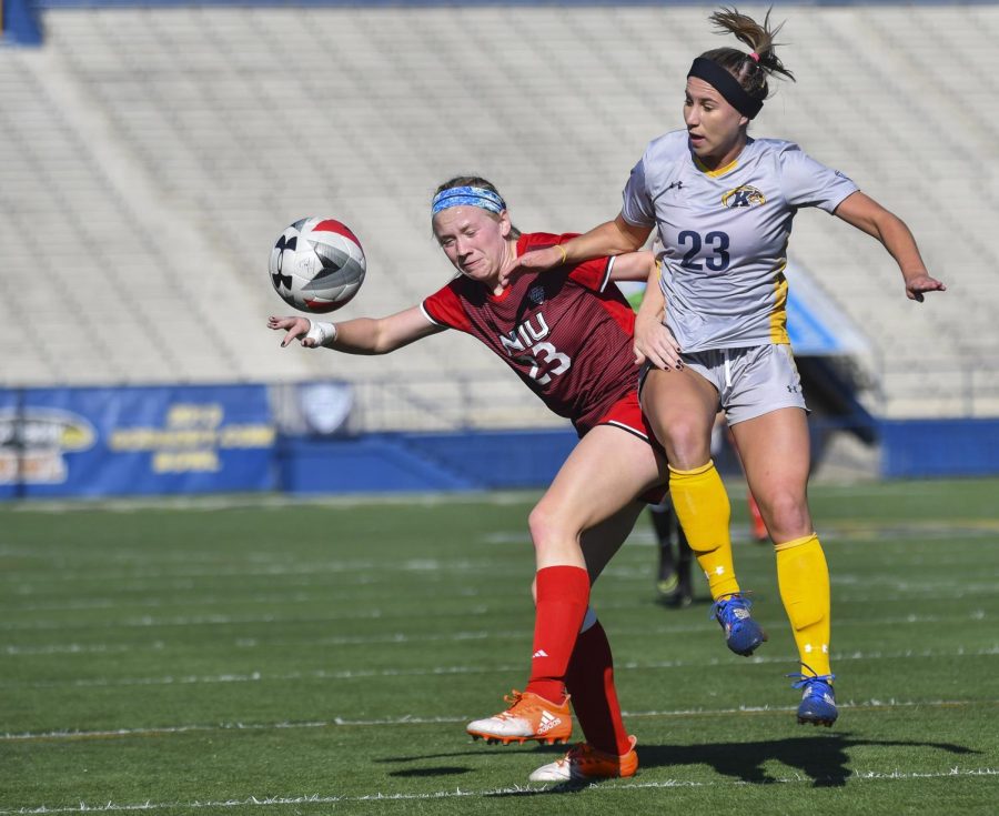 Senior forward Jenna Hellstrom battles for possession of the ball in the MAC Championship game against Northern Illinois University on Nov. 6, 2016.