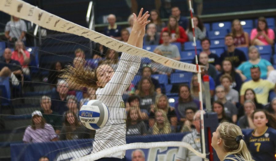 The ball hits the net after Kent State attempted to score during a game against Akron Friday, Sept. 22, 2017.