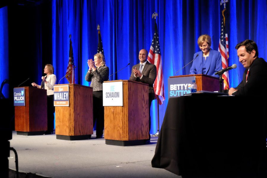 Democrats debate issues on the stage in Columbus in hopes of landing a nomination for governor Sunday, Oct. 29, 2017. 