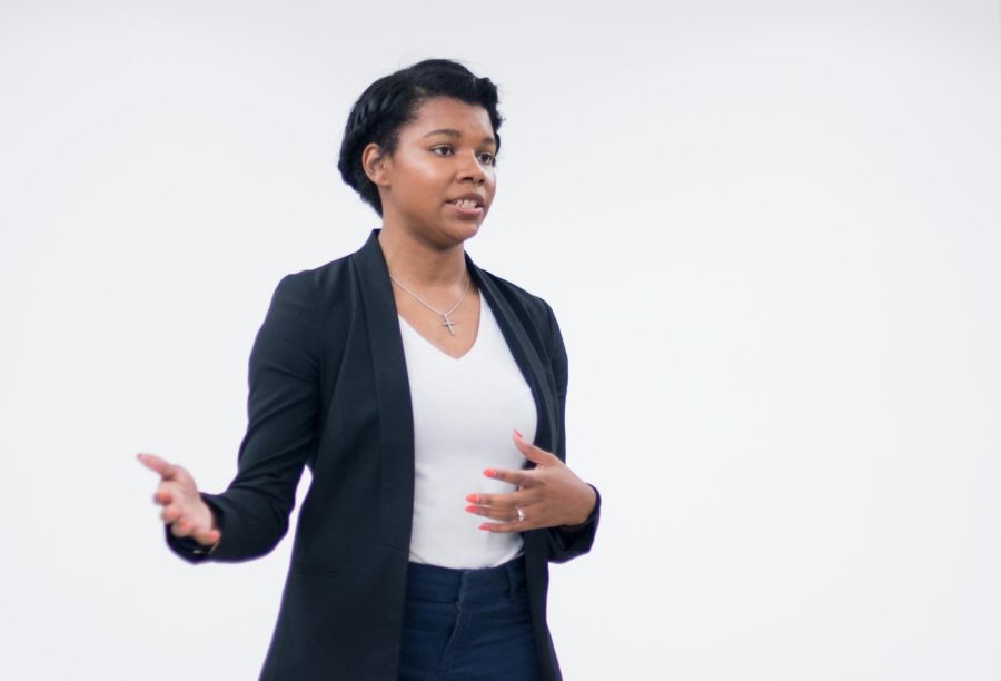 Chynna Baldwin, the newly sworn in president of Black United Students, speaks to organization members during an emergency BUS meeting in Oscar Ritchie Hall Wednesday, Oct. 25, 2017.