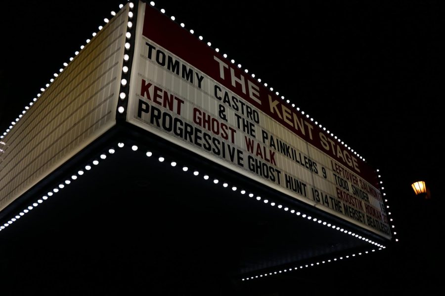 The Kent Stage sign introduces the Kent Ghost Walk in downtown Kent Friday, Oct. 13, 2017.