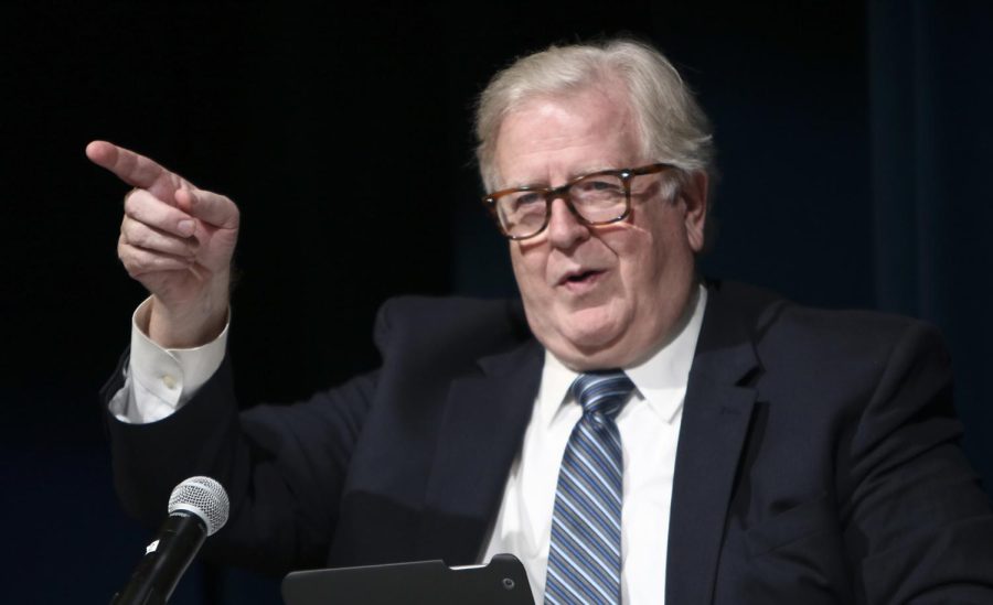 Gene Policinski, the chief operating officer of the Newseum Institute and First Amendment Center, gestures toward the audience during his joint presentation on the First Amendment with David Hudson Jr. (not pictured) in the Kiva Tuesday, Oct. 3, 2017