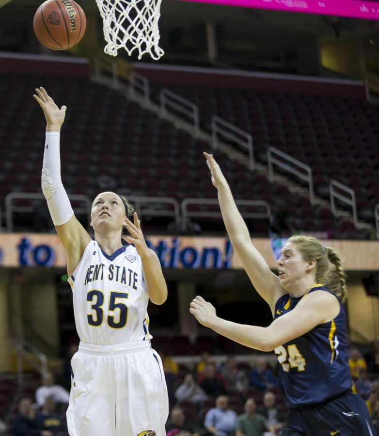 Kent State then-sophomore forward Jordan Korinek attempts a layup against Toledo during the quarterfinals of the Mid-American Conference Tournament at Quicken Loans Arena in Cleveland, Ohio, on Wednesday, March 8, 2017. Kent State lost 67-63.