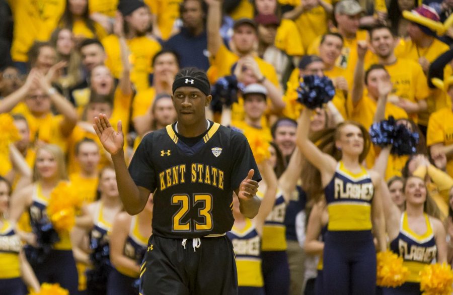 Kent State then-sophomore guard Jaylin Walker claps after making a shot in the first half against Akron at the M.A.C. Center Friday, March 3, 2017. Kent State lost 66-56. 