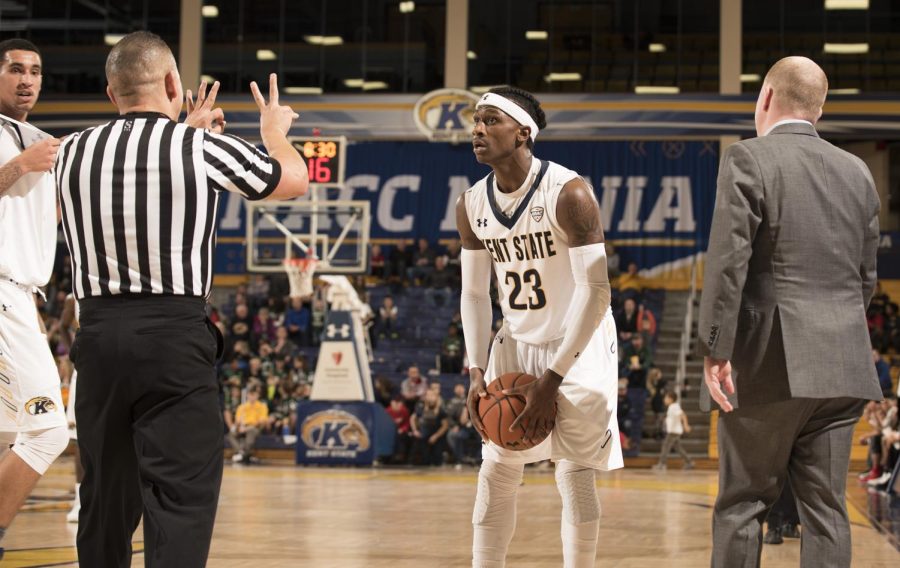 Junior guard Jaylin Walker reacts to a Kent State turnover during the 4th quarter as the Flashes tried to rally late against Northeastern Monday, Dec. 18, 2017, at the M.A.C. Center. Kent State lost, 81-69.