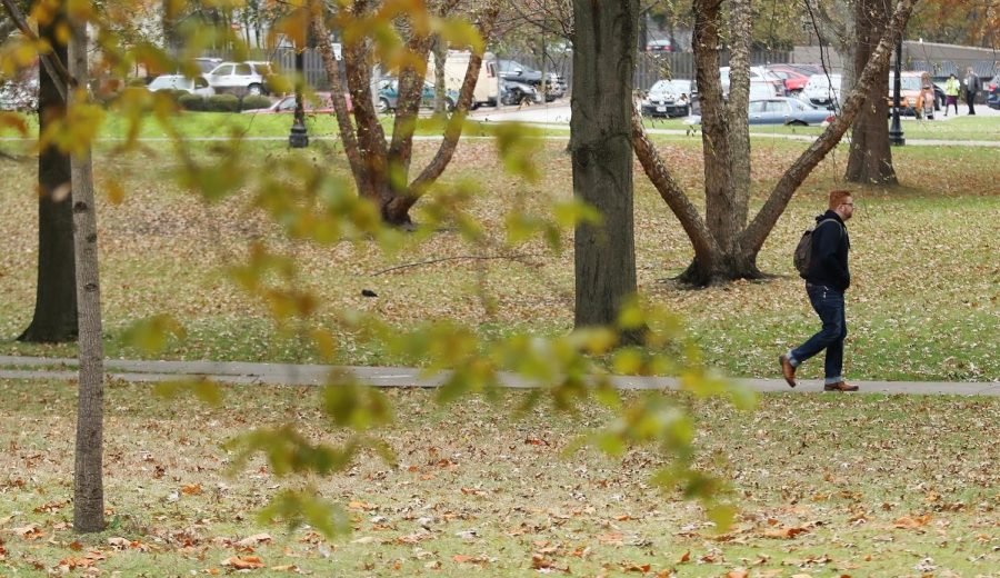 A student walks along the sidewalk on front campus Wednesday, Nov. 15, 2017.