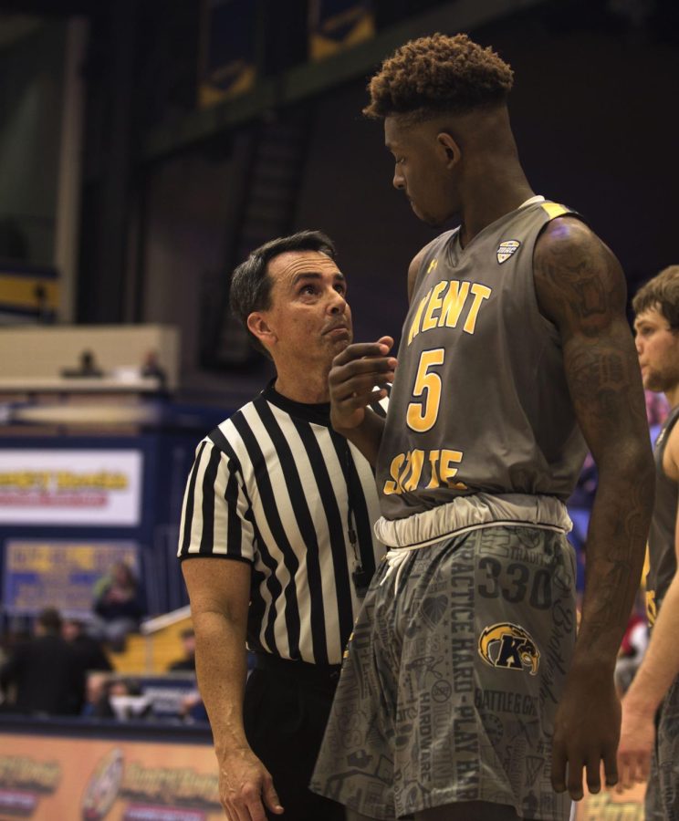 Sophomore forward Danny Pippen and a referee exchange glances during Kent State's 73-71 win over Western Michigan. Pippen scored a season-high 16 points, all in the first half.