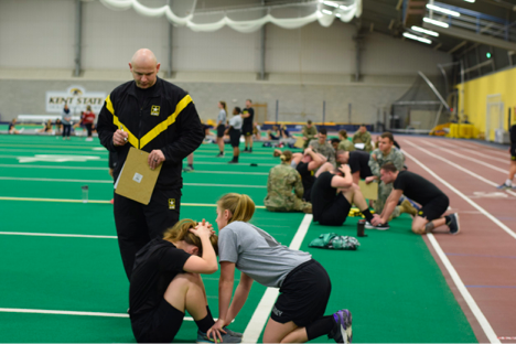 Cadets tackle the second portion of APFT, sit-ups, in the Field House Tuesday, Jan. 24, 2018. 