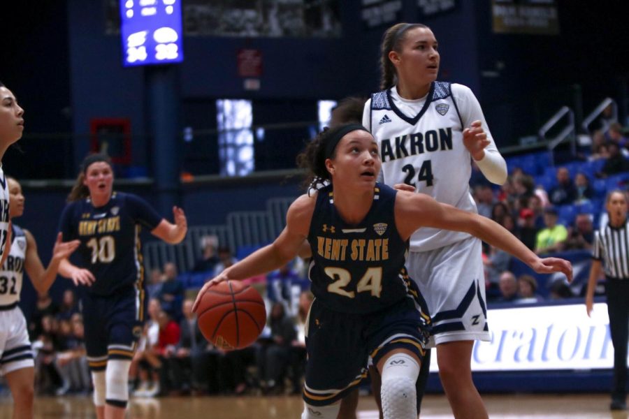 Junior guard Alexa Golden is fouled as she drives to the rim in a 75-60 loss at Akron's James A. Rhodes Arena Saturday, Jan. 27, 2018. 